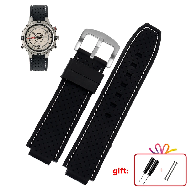 Для мужских часов Timex T49859 | T2N720 | T2p141 | T2n722 | 723 | 738 | 739 водонепроницаемый резиновый ремешок 24*16 мм наконечник с инструментами сережки-гвоздики - Цвет ремешка: black white silver