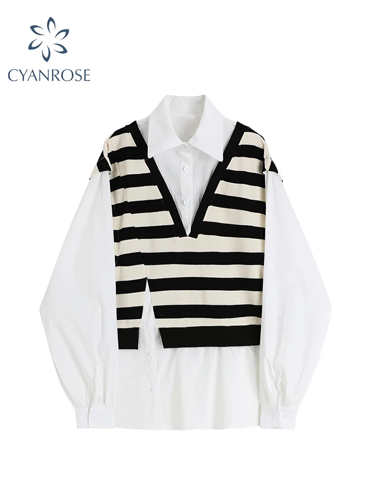 

Женские Модные полосатые рубашки в стиле пэчворк, винтажные офисные дамские свободные блузки-поло с длинным рукавом и воротником-стойкой и...