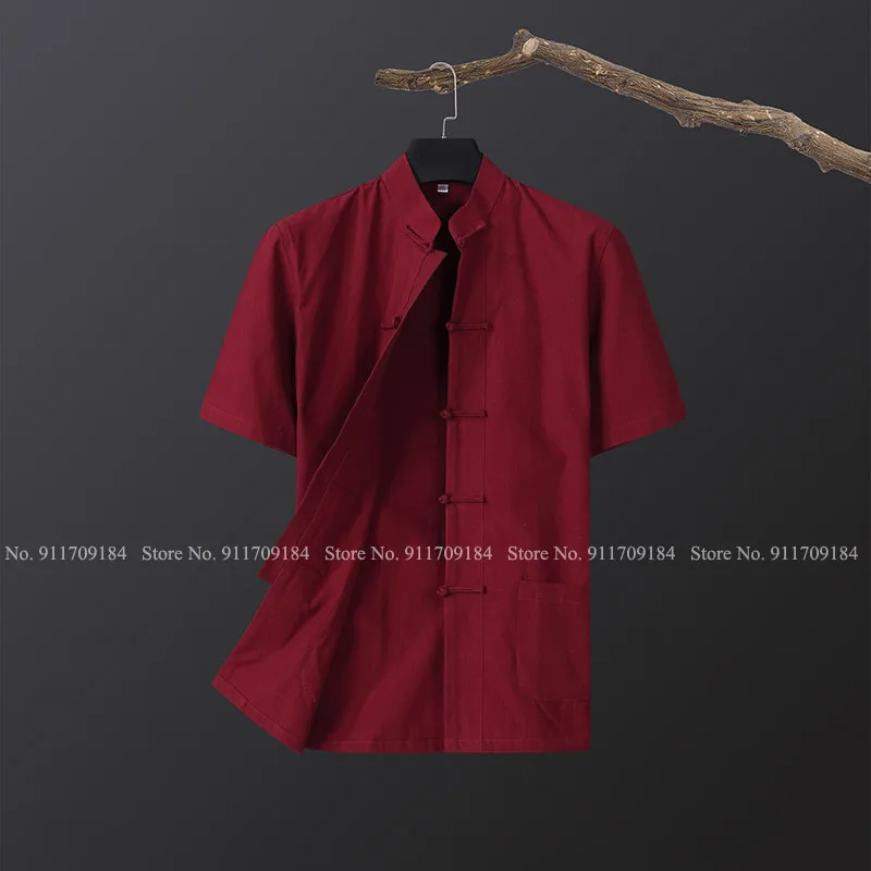 Chinese Style Men Short Sleeve Tops Tang Suit Retro Cotton Zen Tea Shirt Cheongsam Linen Casual Loose Blouse Oriental Clothing |