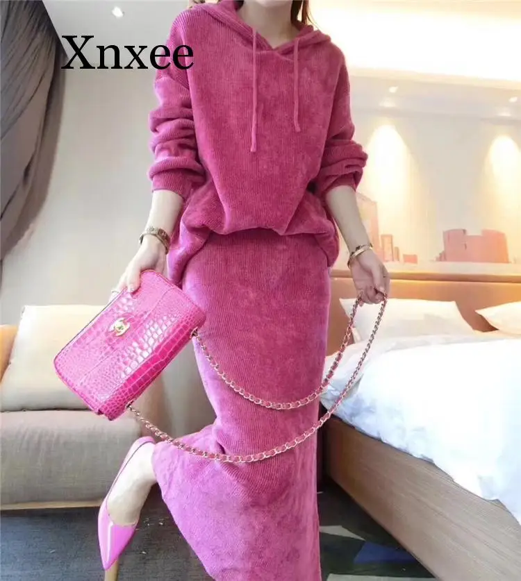 

Зимняя теплая длинная юбка, зимний легкий свитер, юбка, модный костюм из двух предметов с капюшоном, Свободный теплый костюм с подкладкой, юб...