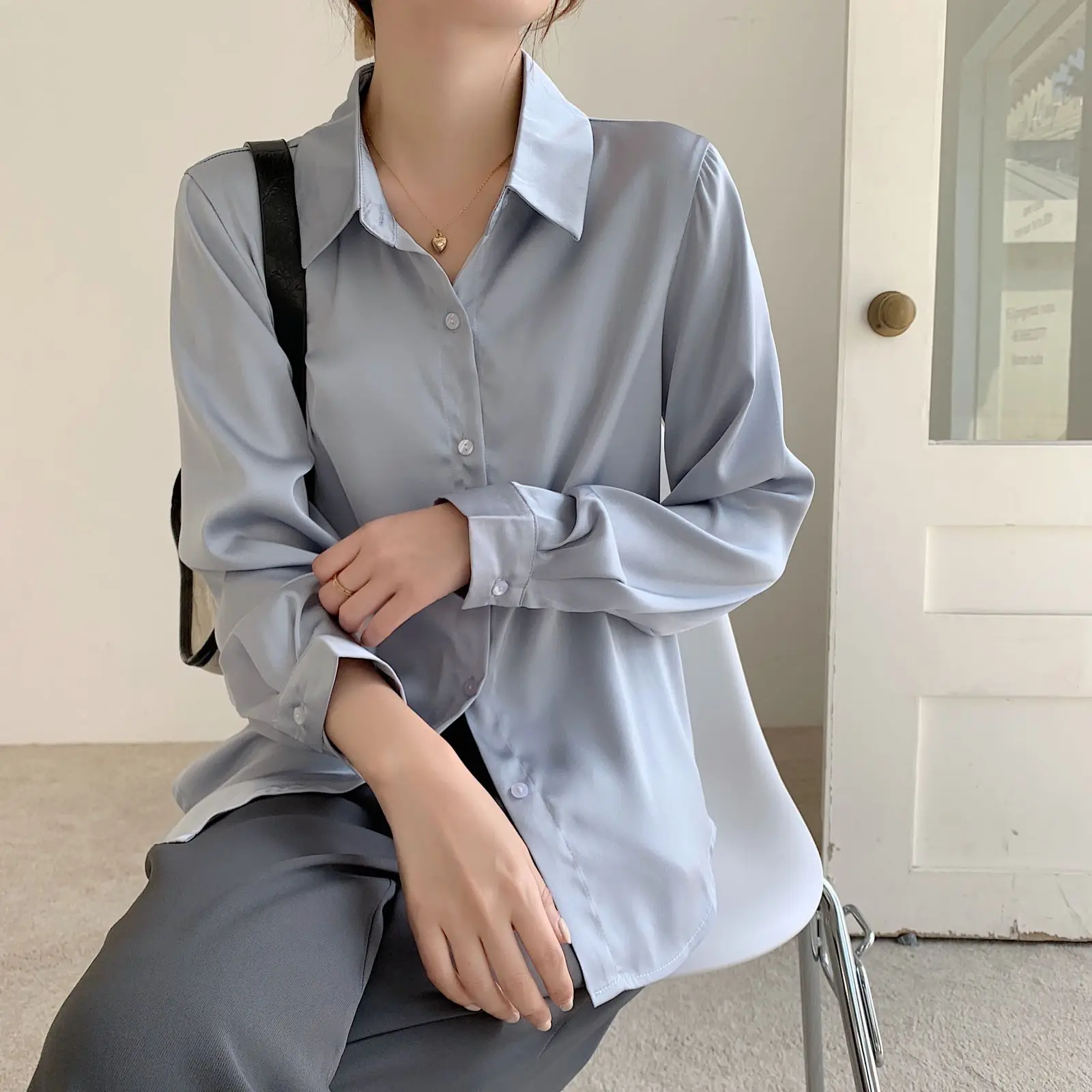 

COIGARSAM Full Sleeve Shirt Womens tops New Spring Women shirts Blue Apricot 9120