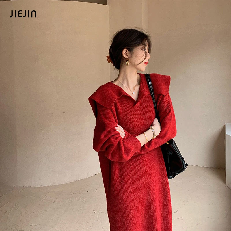 

Chic Autumn Winter Red Black Sweater Dress Women Long Sleeve Loose Dress Korean Casual Knee-length Straight Dresses Female