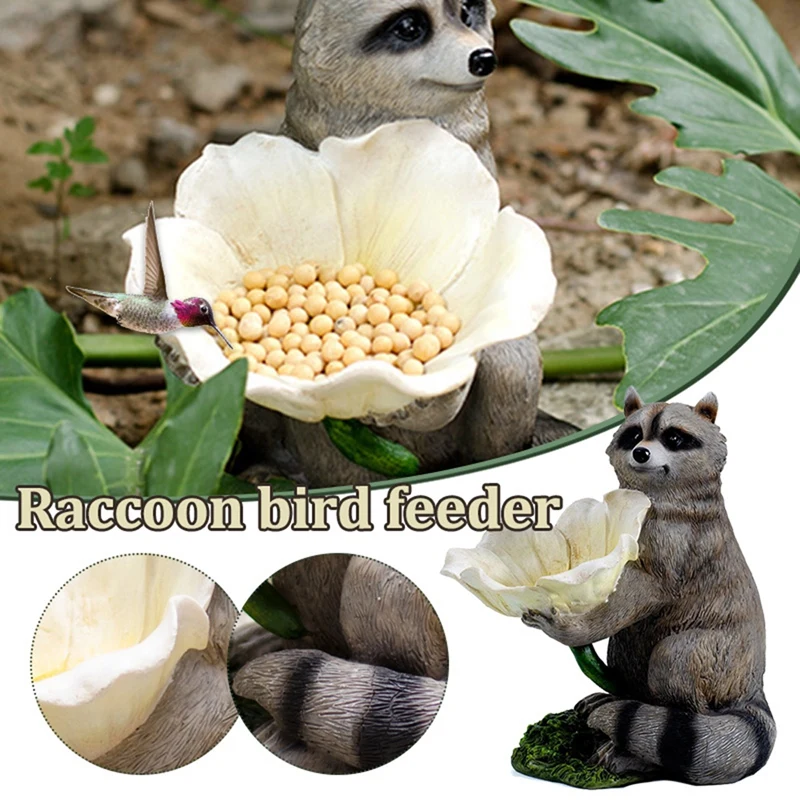 

HOT SALE Gardening Statue Bird Feeder Resin Cute Raccoon Garden Ornament Outdoor Birdfeeder For Garden Home Decor Pet Supplies