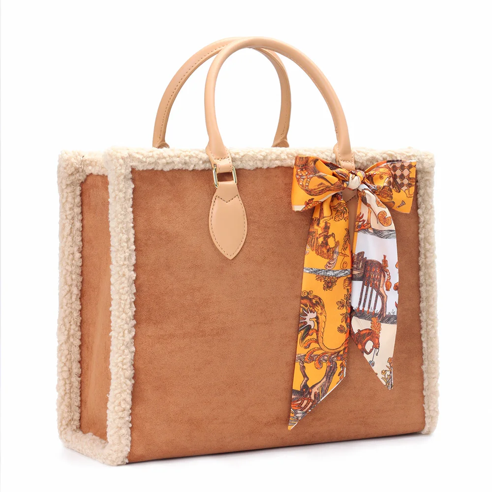 Luxury Designer Handbags Women Fashion Large Capacity Tote Bags With Silk Scarf Elegant Ladies Winter Plush Shoulder Bags 2021