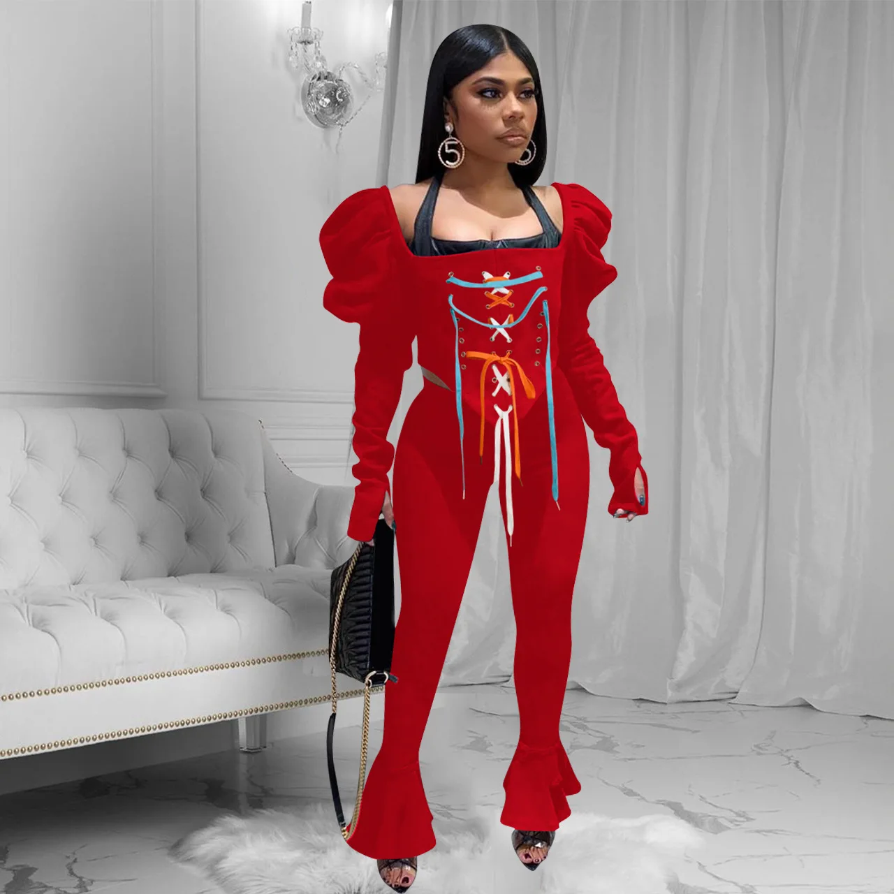 

Fall spring bandage cross irregular top+flare ruffle pant 2 piece sets women streetwear festival outfits sweatsuit matching sets