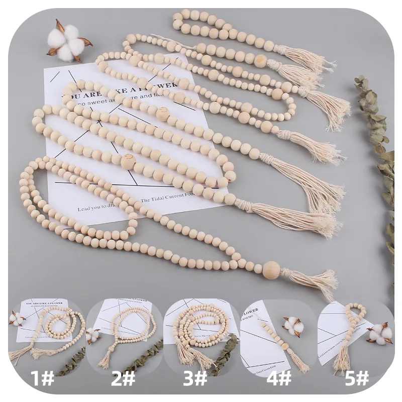 Kissteether Nordic Wood Bead Garland with Tassels Farmhouse Beads Rustic Country Decor Kid Room Wall Hanging Ornament Home Decor