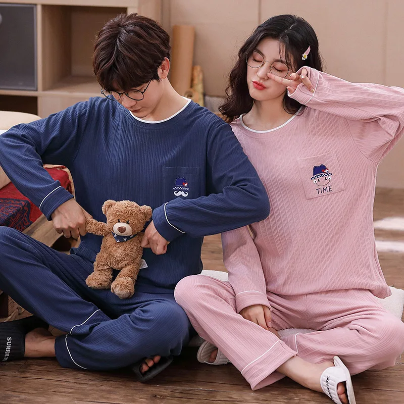 Новые осенне-зимние хлопковые Пижамные комплекты для пар с длинным рукавом в