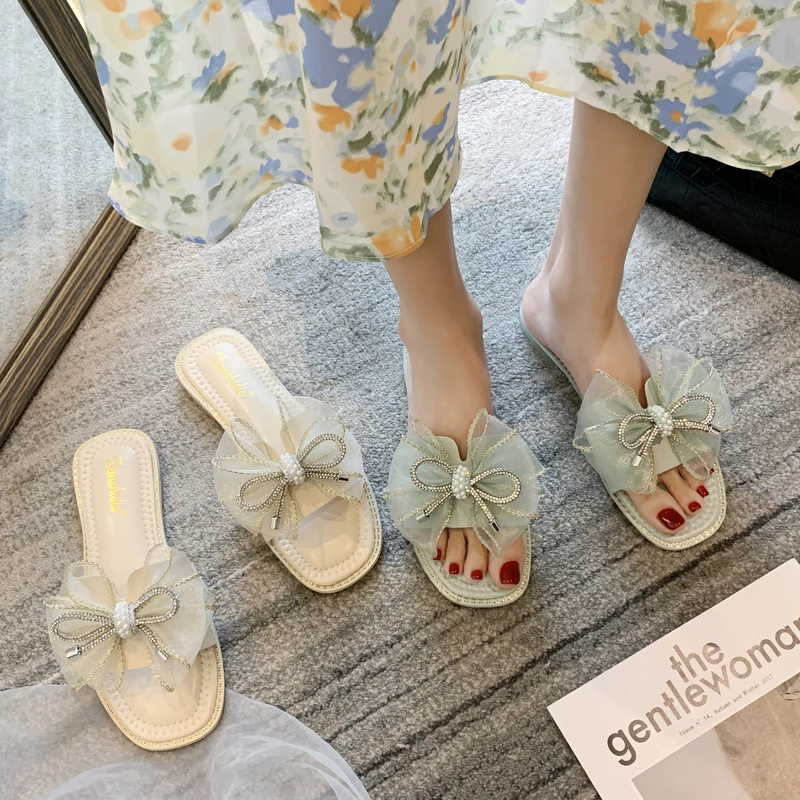 

Beach Shoes Butterfly-Knot Slippers Women Summer Low Slides Pantofle Fashion Sabot 2021 Luxury Flat PU Rome Rubber Fabric