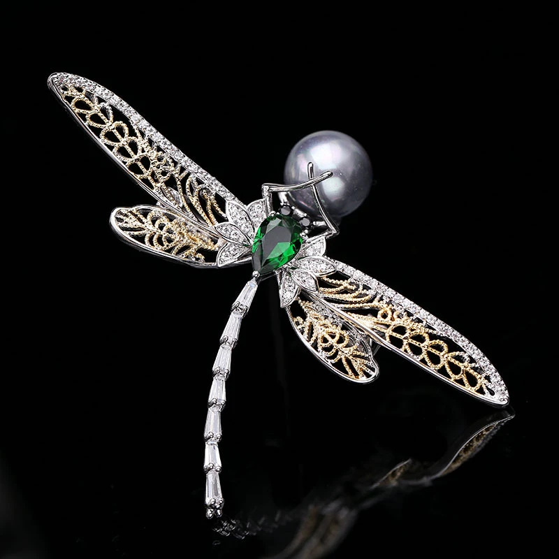 Large Red Green Dragonfly Brooch with Pear Broach Vintage Style Bridal Bouquet Scarf Insect Brooches Pin Luxury Gift for Women |