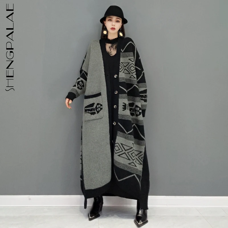 

SHENGPALAE модный шикарный трикотажный кардиган с принтом, Женский Осенний 2021 НОВЫЙ свободный однобортный свитер с v-образным вырезом и длинным ...