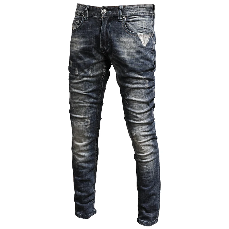 Autumn New Men's Embroidered Blue Jeans Fashion Casual Straight Slim Fit Pants Korean Style Cotton Denim Trousers