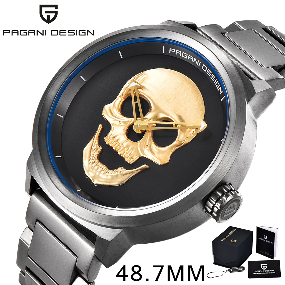 PAGANI DESIGN Brand Casual Waterproof Men's Wristwatch 48.7MM Skull Head Dial Watches Stainless Steel Fashion Sport Men's watch