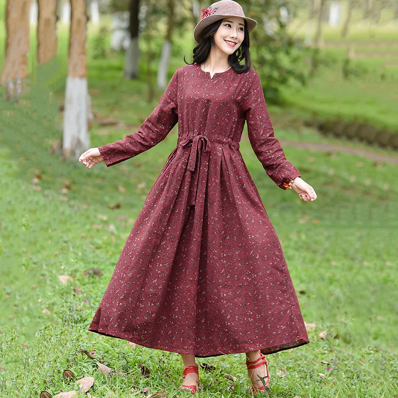 Женское винтажное хлопковое платье с длинным рукавом Элегантное Длинное