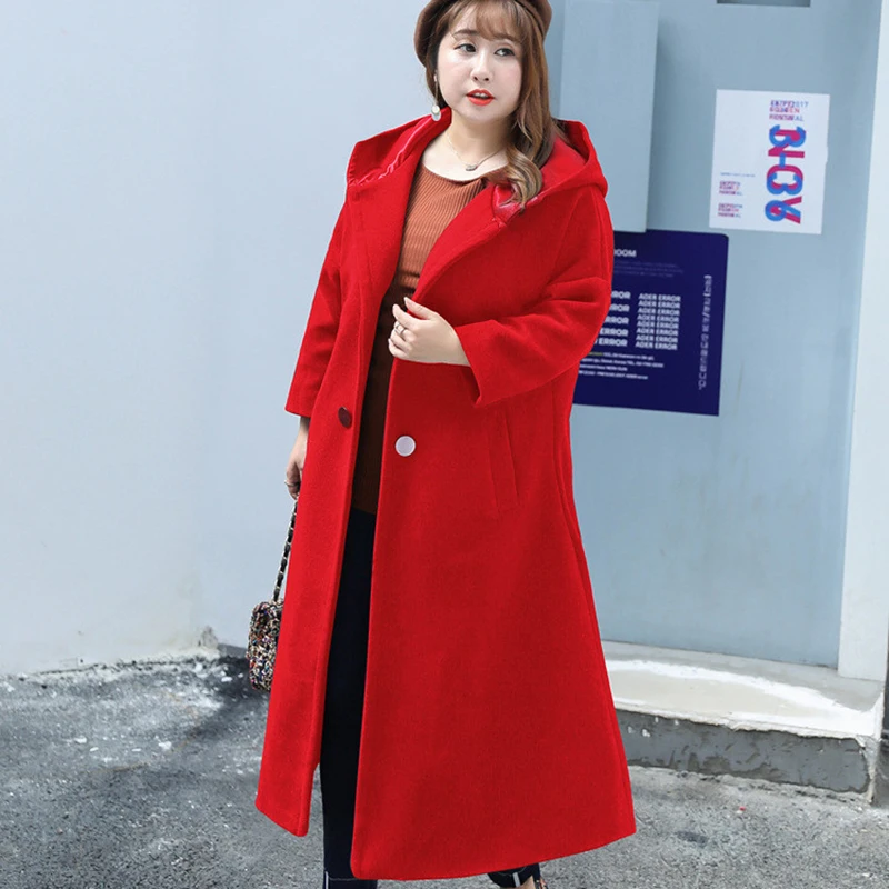 2019 Autumn Winter Oversize Woolen Coat Women Hooded Outerwear Female Black red Jacket Long Coats Plus size 4XL-8XL G752 | Женская