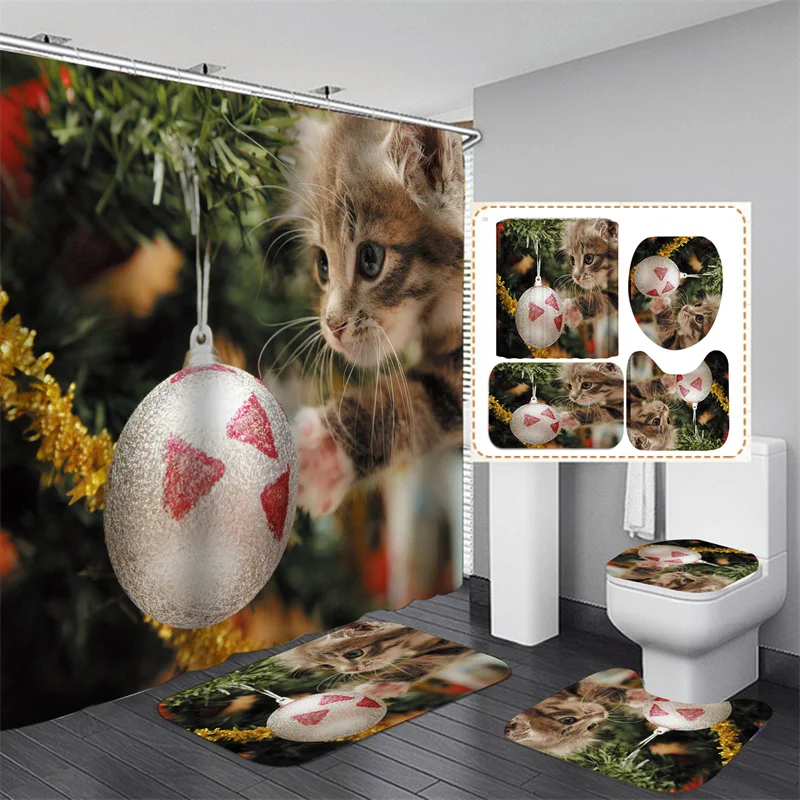 

Cartoon Santa Shower Curtain Home Christmas Decoration with Hook Waterproof ShowerCurtain Christmas Bathroom Set Baño Cortina
