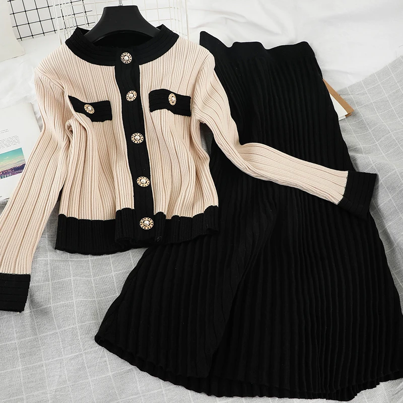 2021 Spring Autumn Knitted 2 Piece Set Chic Office Ladies Single Breasted Pearl Buttons Cardigan Sweater+Pleated Long Skirt Suit |
