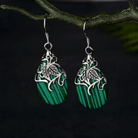 black angel vintage thai silver luxury green striped leaf carving long drop earrings for women fashion jewelry christmas gift