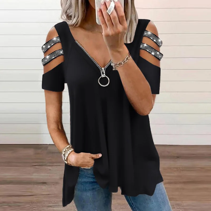 

V Neck Women Hollow Out Patchwork Blouse Summer Colorful Print Zipper Short Sleeve Tops Female Loose XXXL Casual Outdoor Shirts