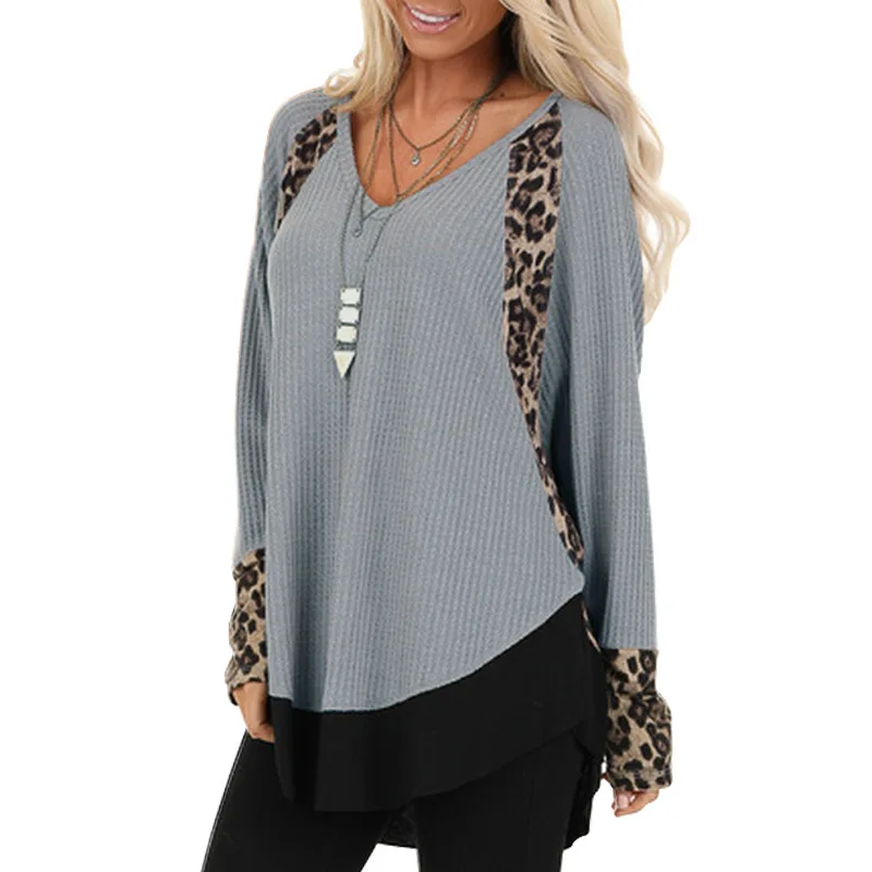 

Patchwork Leopard Print T Shirt Women Tops Autumn Winter Casual v Neck Long Sleeve Tshirt Pullover Top Loose Shirts Plus Size