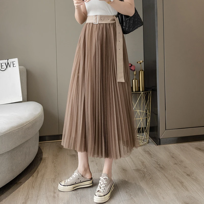 

Belt Yarn Women's Skirt Spring and Autumn 2021 Half-length Thinner High-waisted Skirt A-line Pleated Mesh Drape Long Skirts