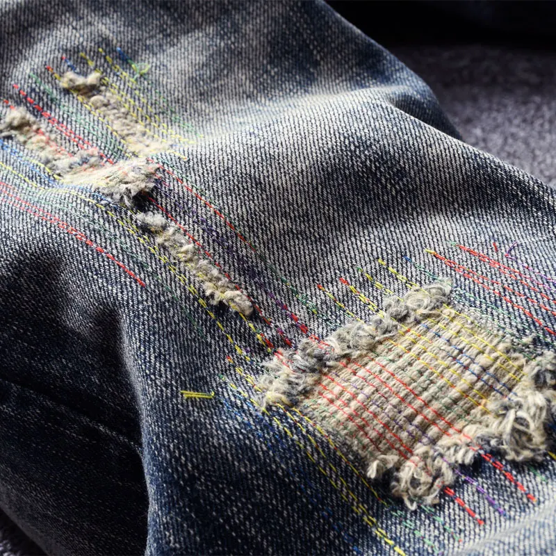 Italian Style Fashion Men Jeans Retro Dark Blue Elastic Cotton Slim Fit Ripped Jeans Men Streetwear Vintage Designer Denim Pants