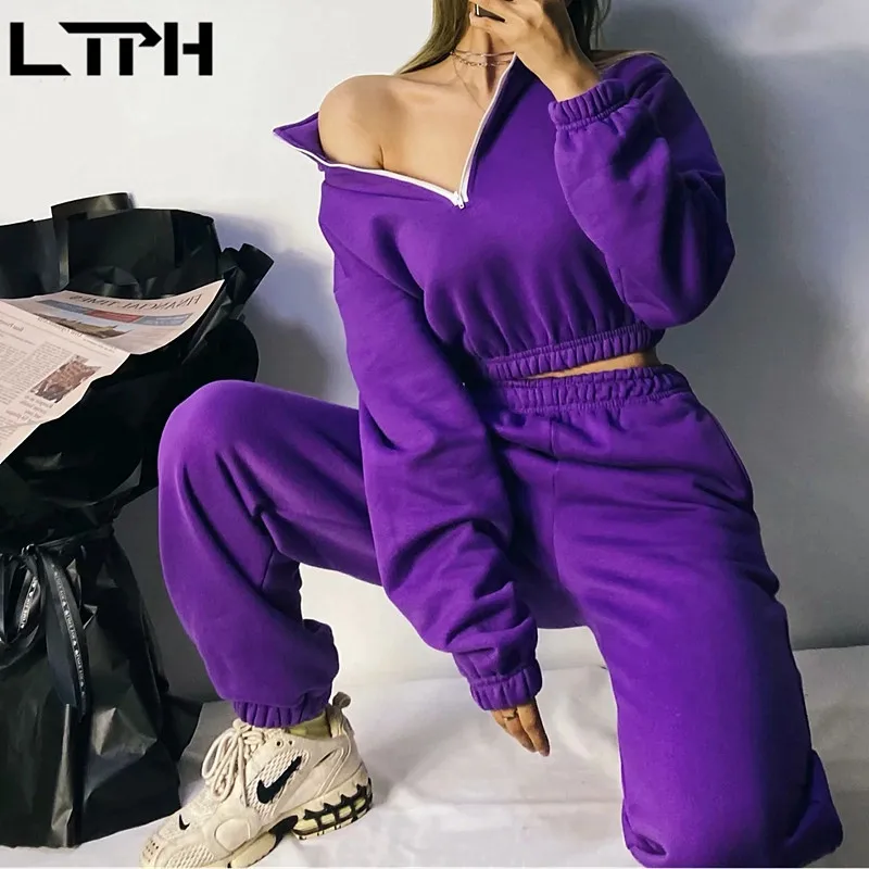 

LTPH Solid color women tracksuit 2 piece set Thicken warm Shorts Stand Collar Sweatshirts Pants Women's Sets 2021 autumn new