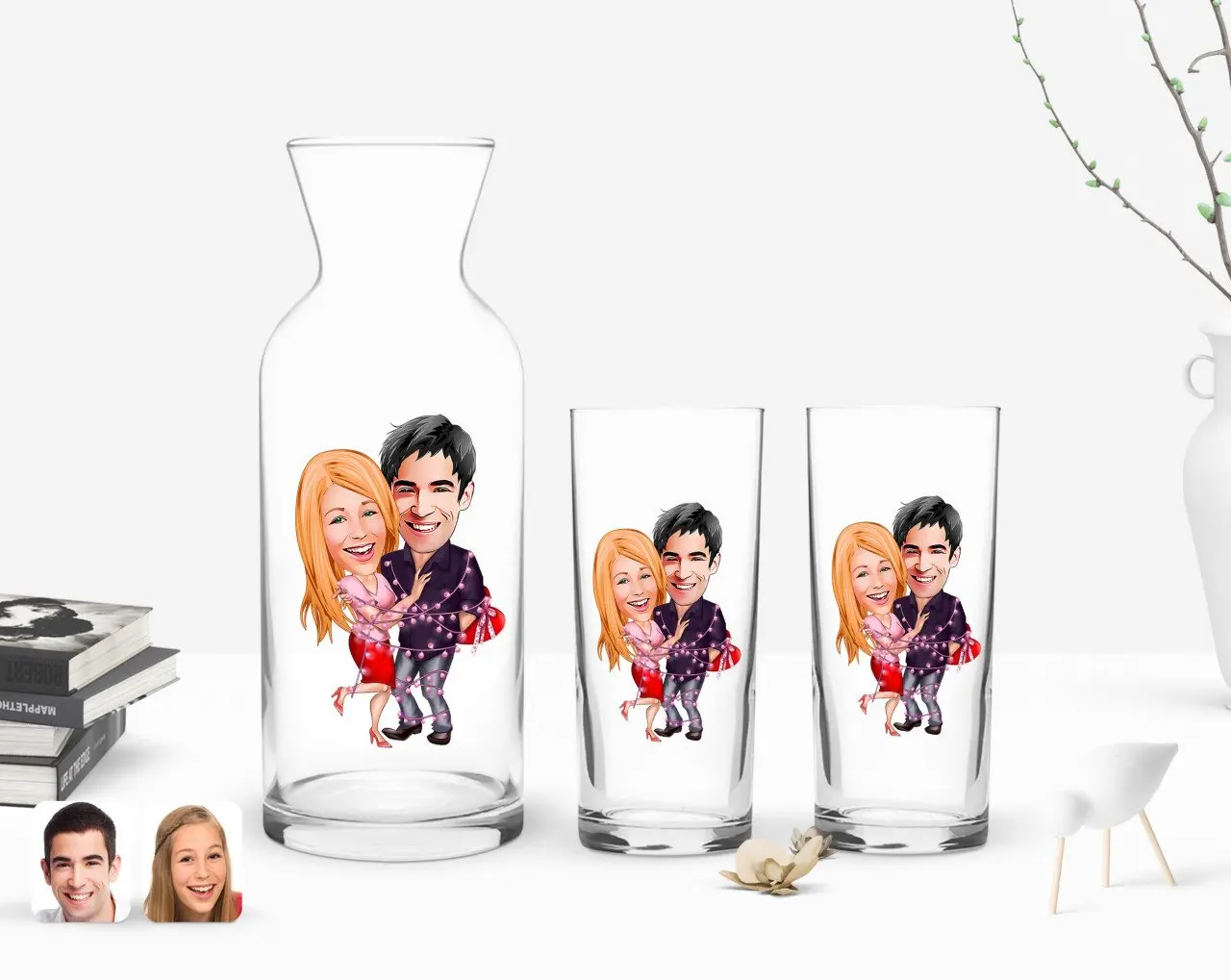 

Персонализированный красочный печатный День Святого Валентина карикатура двойной чашки и графин подарок Seti-2