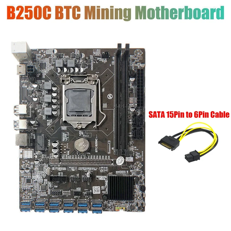 

HOT-B250C Mining Motherboard+SATA 15Pin to 6Pin Cable 12 PCIE to USB3.0 GPU Slot LGA1151 Support DDR4 DIMM RAM for BTC Miner