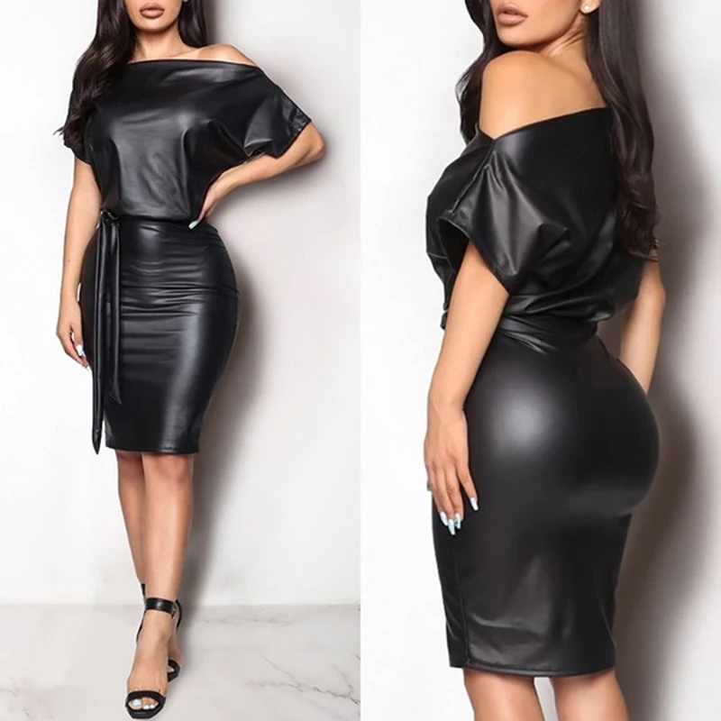 

2022 Women Off Shoulder Short Sleeve PU Leather Mini Dress Sexy Black Crew Neck Wet Look Bodycon Bandage Party Club Mini Dress