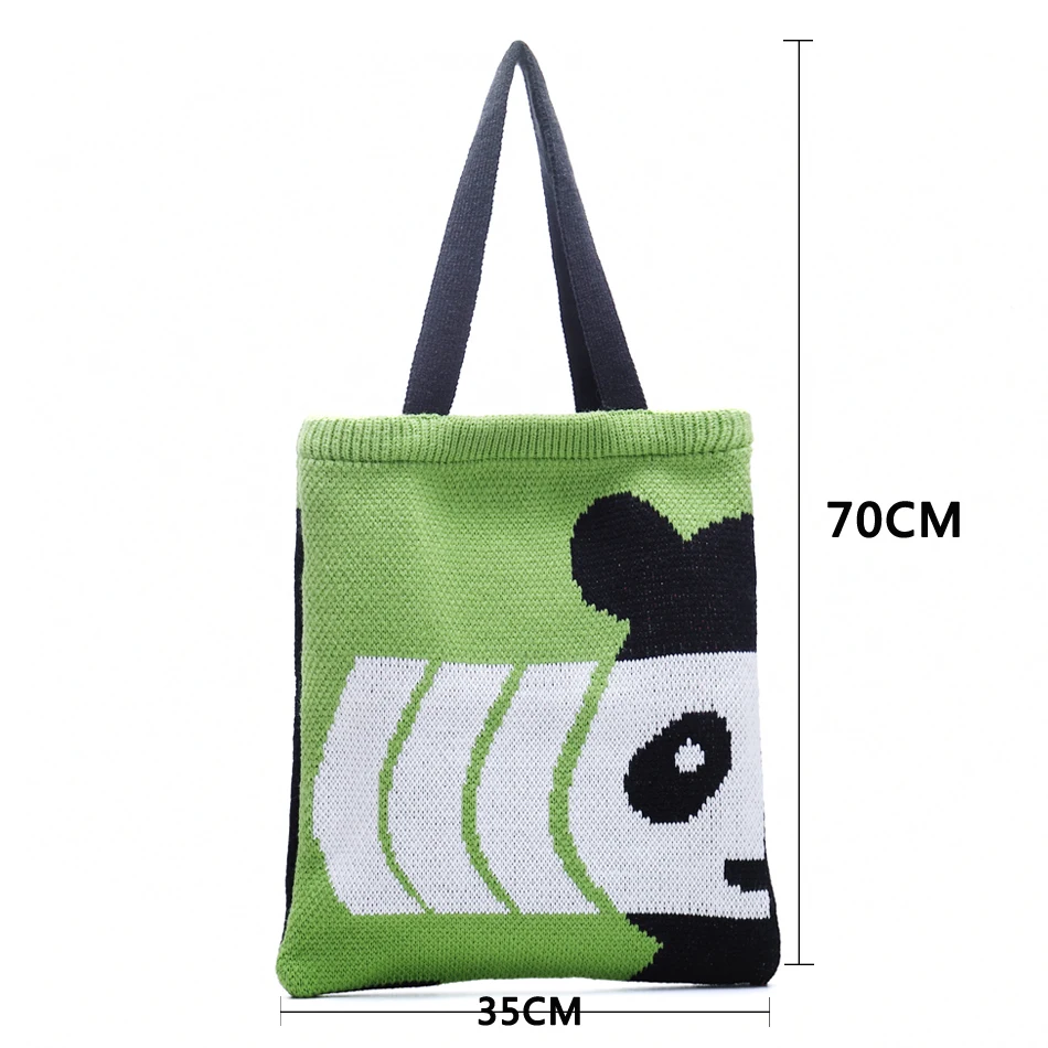 

Female Weave Cartoon Panda Pattern Tote Bag Casual Style Women Tide Vintage Retro Rural Knitting Cute Stylish Green Handbag