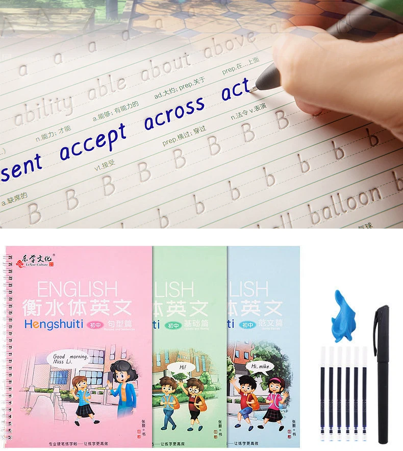3 Books/Set English Italic Groove Practice Copybook Handwriting Practice Calligraphy Book English Alphabet Word Reusable Libros images - 6