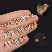1pc flowers butterfly cz stud earrings stainless steel piercing earrings cartilage tragus conch rook lobe screw back jewelry