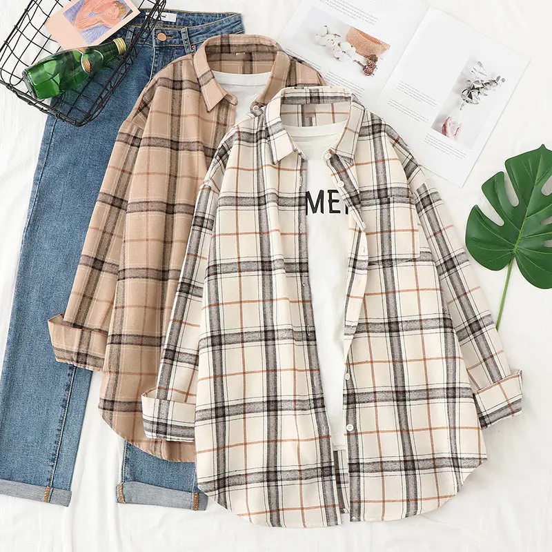 

Plaid Shirts Womens Blouses Long Sleeve Lady Checked Tops Loose Female Outwear Casual Clothes Spring Autumn News