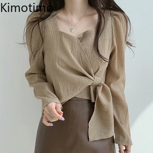 

Kimotimo Women Shirt 2021 Early Autumn Retro Thin Square Collar Lace-up Tops Korean Chic Loose Long Sleeve Female Short Blouse
