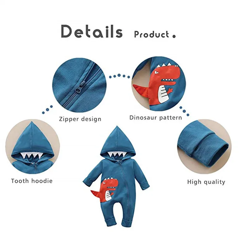 Детский комбинезон с капюшоном и рисунком динозавра для маленьких мальчиков