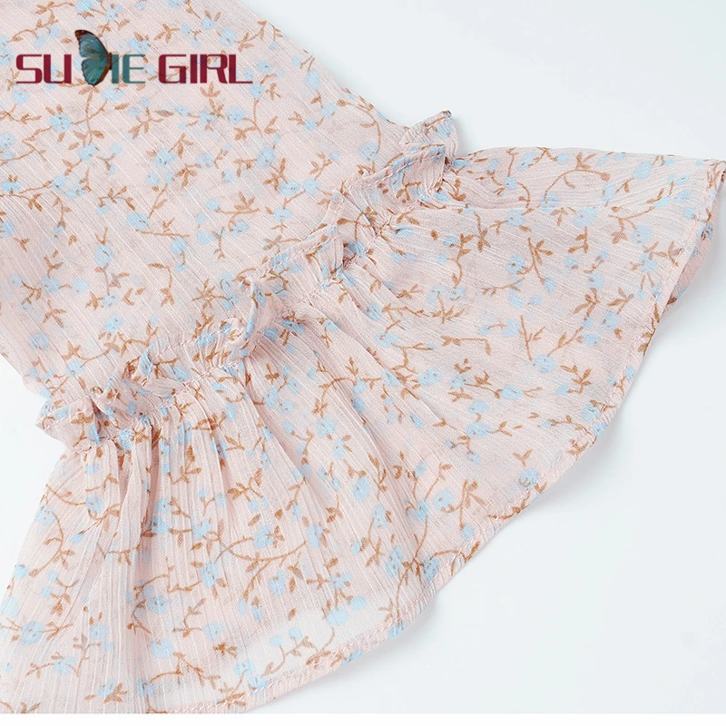 

SUDIE Girl Summer dress elegant temperament long-sleeve bell sleeves small floral loose lotus leaf chiffon dress