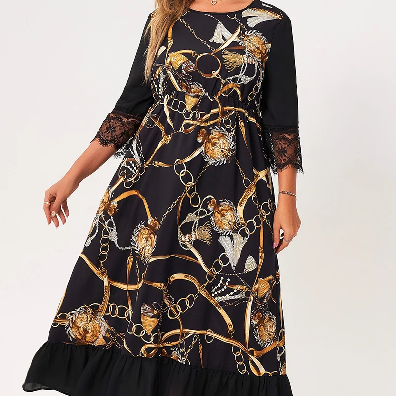 

New Summer Dress Women 2021 Black Plus Size Golden Printing Patchwork O-neck Long Sleeve Maxi Party Lace Loose Vintage Dresses