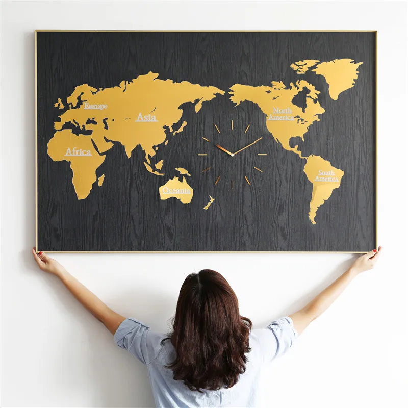 

Large Modern Wall Clock World Map Background Wall Decoration Hanging Painting Living Room Creative Clock