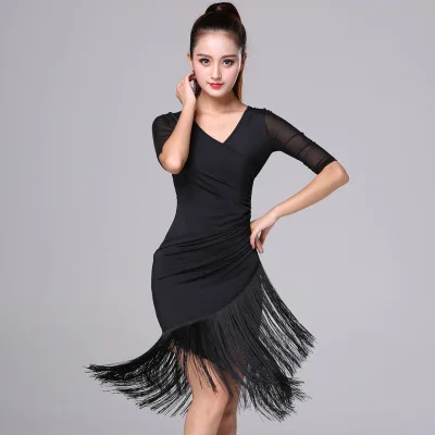 

Женское платье для латиноамериканских танцев, черное платье с коротким рукавом и кисточками, женский костюм для Бальных Танго, ча-румбы