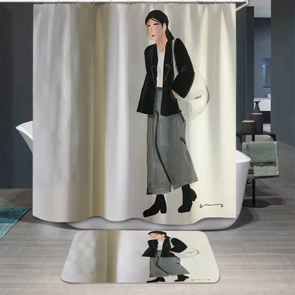 

Stick Figure Couple Printing Shower Curtain Cute Bathroom Curtain Fabric Waterproof Polyester Fabric Bathroom Curtain with Hook