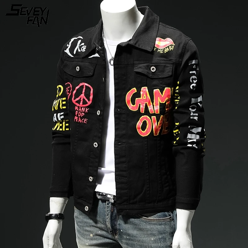 Джинсовая куртка мужская с принтом тигра Модная приталенная из денима в стиле