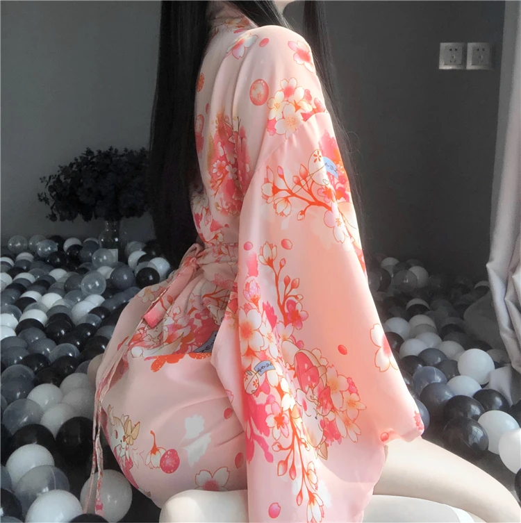 

Japanese Kimono Sexy Cosplay Outfit for Women Traditional Style Robe Yukata Kawaii Ladies Costumes Pajamas Soft Silk Belt Set