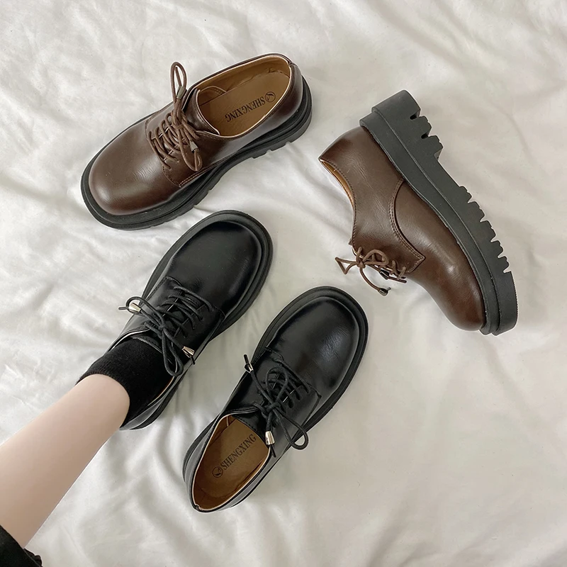 

Crrcrrcrr Women Wedges Spring Breathable Shoes Loafers Ladies British Style Round Toe All-match Casual Lace-up Solid Shoe