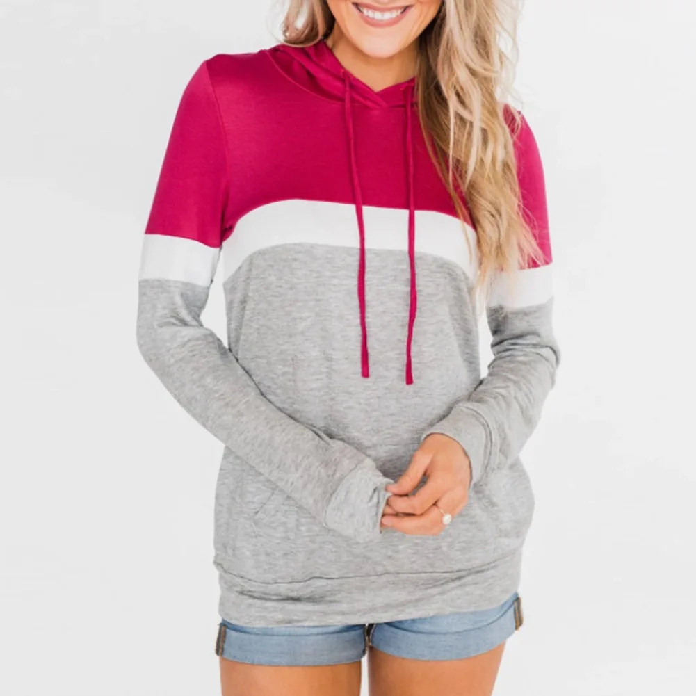 

Новинка 2020, Лоскутная Повседневная Женская тонкая Толстовка на шнурке с длинным рукавом, толстовка с карманом, Женская толстовка с принтом