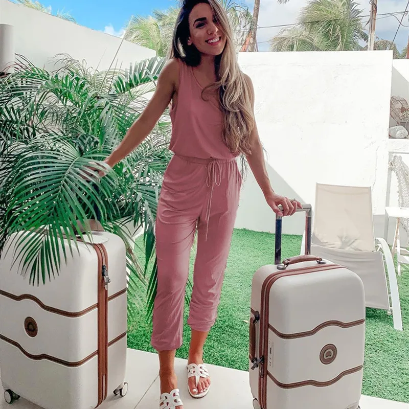 

Women's Jumpsuit Halter Sexy Pocket Round Neck Sleeveless Belt Cropped Pants Summer Fashion Casual Ladies Chotning 2020 NEW