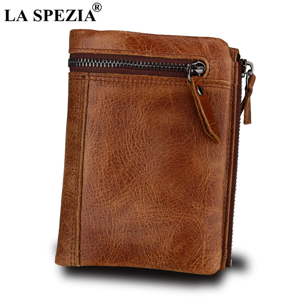 

LA SPEZIA Brand Short Mens Wallet Brown 100% Genuine Leather Slim Vintage Zip Coin Pocket Purse Cowhide Leather Wallet for Men