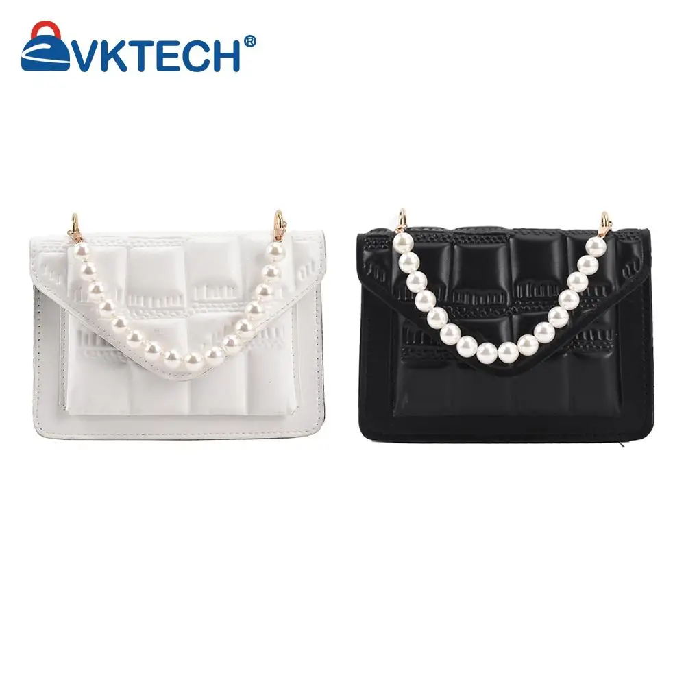 

Stylish Magnetic Buckle Shoulder Crossbody Bag Chic Women PU Leather Stone Checker Pattern Pearl Chain Shoulder Bag