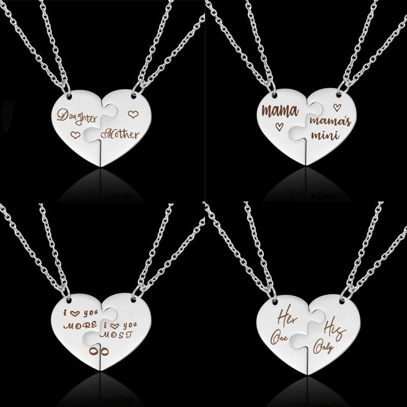 

2 PCS/Set Stainless Steel Heart Splicing Mother's Day Pendant Necklace Women Clavicle Chain Choker Mama Family Jewelry Gifts