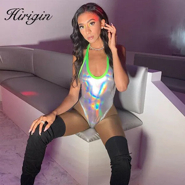 Голографическое Серебряное Сексуальное боди блестящее эластичное Женское