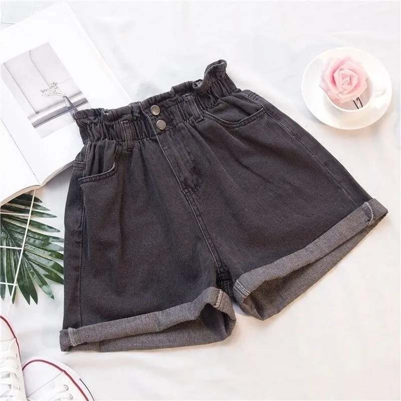 

Shorts Women New Oversize Summer Chic Korean Loose All-match High Elastic Waist Girls Short Solid Blue Trendy Button Casual 5XL